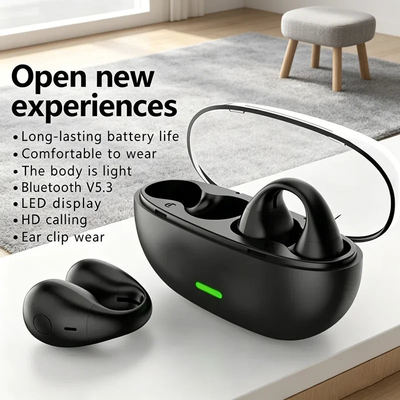 TWS Bluetooth Wireless Headphones Clip Ear Music Noise Canceling Headset HD Call Sports Gaming Earphones for all smartphones