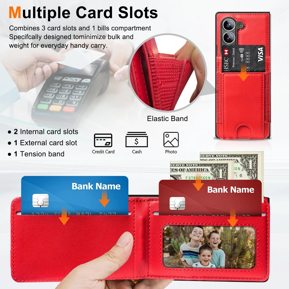Retro Pure Color Leather Phone Case For Samsung Galaxy Z Fold7 6 5 4 3 With Screen Protector Film Wallet Cards Bag Bracket Cover view 4