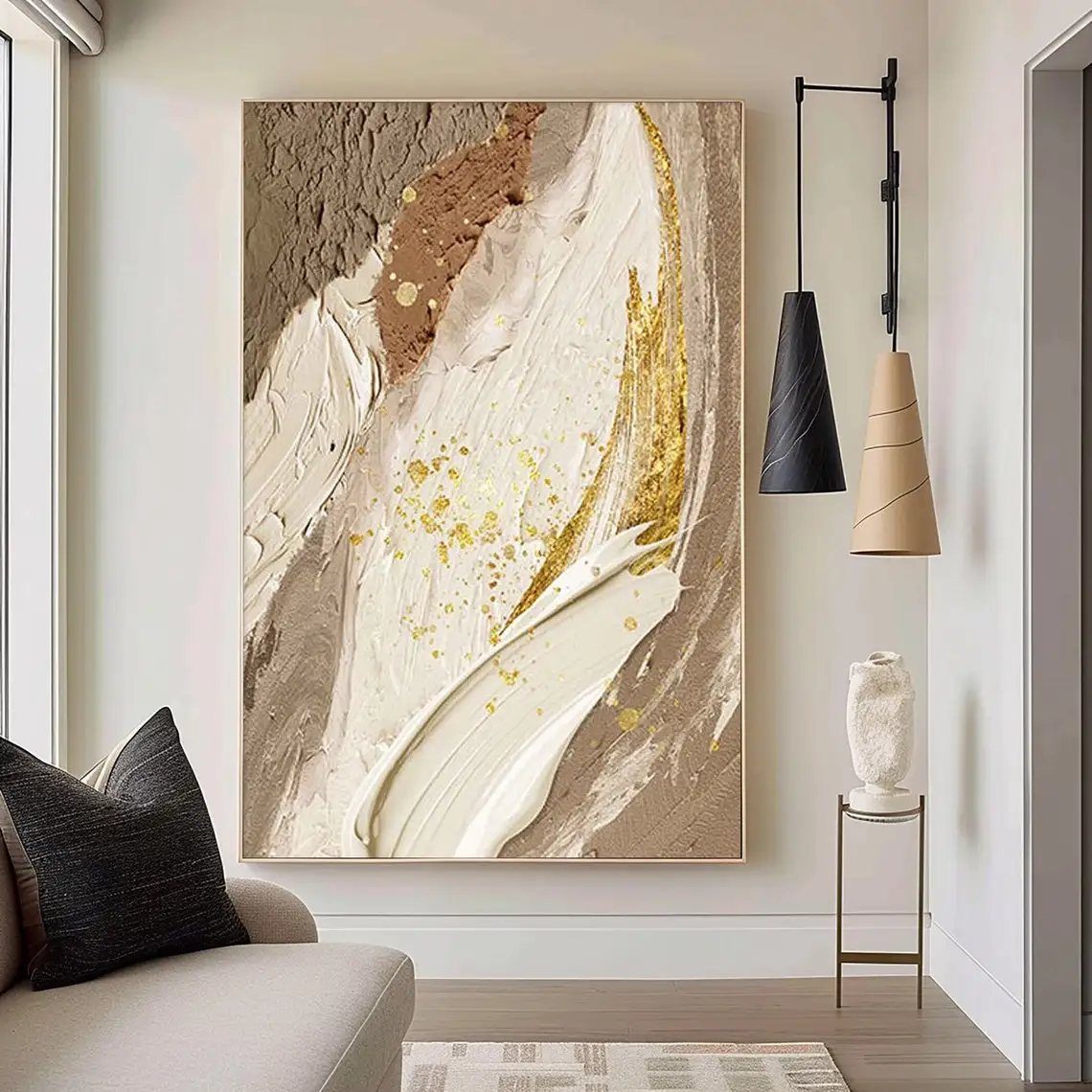

Mhemyo Large Nordic Brown Beige White Abstract Wall White 3D Texture Abstract Handmade Gold Painting Modern Minimalist Art