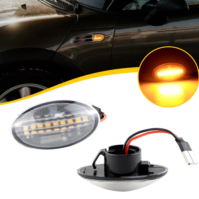 

2 шт. для Mini Cooper R50 2002-2006 R52 2004-2008 светодиодный боковой габаритный фонарь Янтарный светильник на переднее крыло с прозрачными линзами T10 интерфейс 6000K
