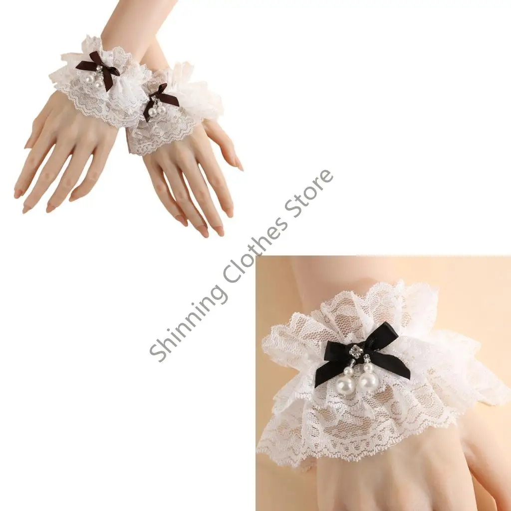 M68A Elegante Spitzen-Armstulpen mit Perlen-Bowknoten-Dekoren, Handgelenksmanschetten-Ärmel für Frauen, Teenager, tägliches und