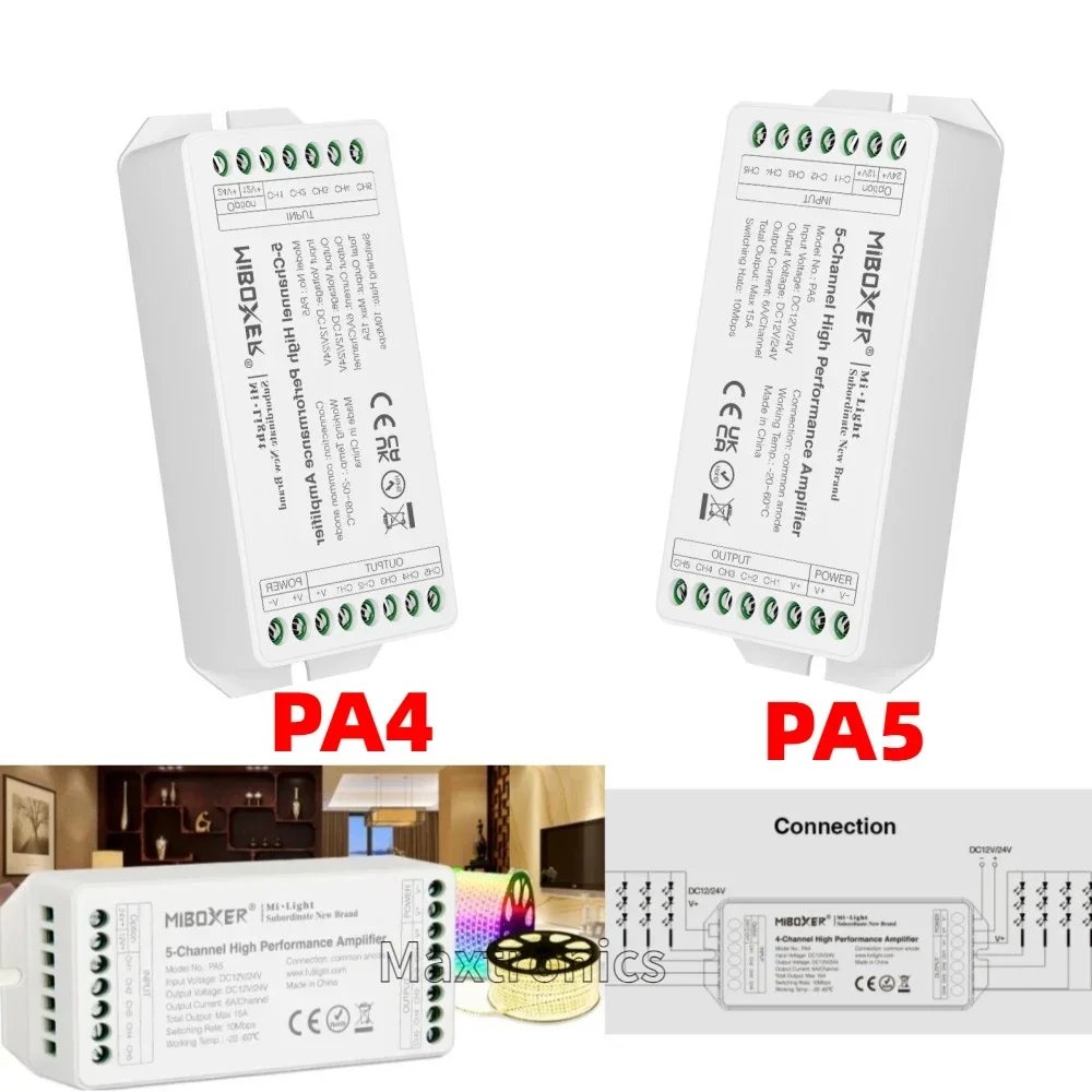 

Miboxer High Speed Performance Amplifier PA4 4-Channel PA5 5-Channel LED Controller DC12V/24V for 5050 RGB RGBW LED Strip Light