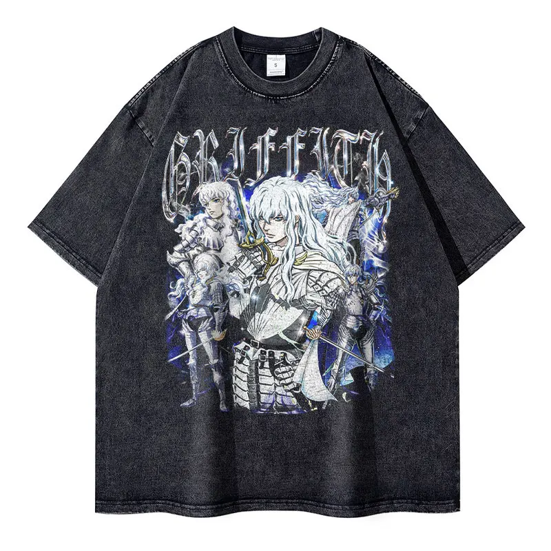 Griffith T-shirts Oversized Streetwear Vintage Washed Anime Kenpuu Denki T Shirt Short Sleeve Retro Manga Guts Tops Tees Men