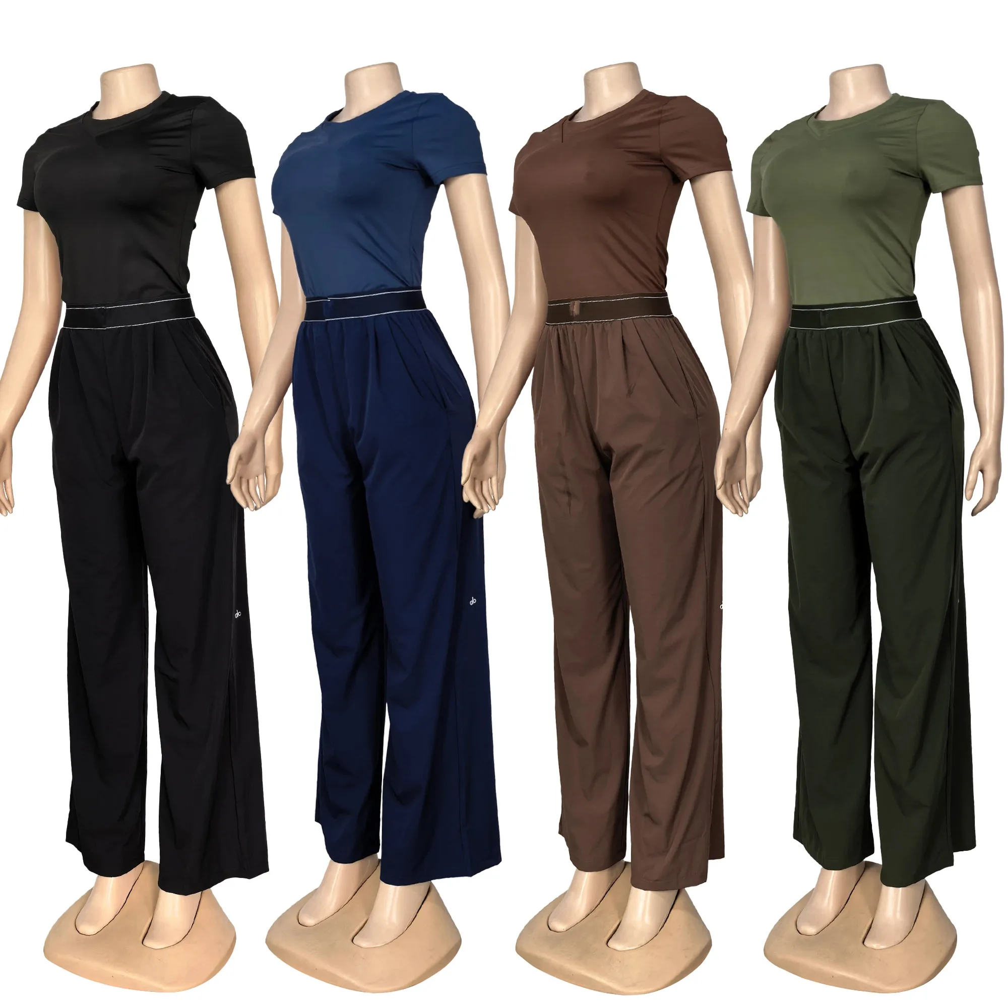Q6343 Naked yoga set, quick drying fitness pants, straight leg sports pants set, women's yoga suit, round neck short sleeved