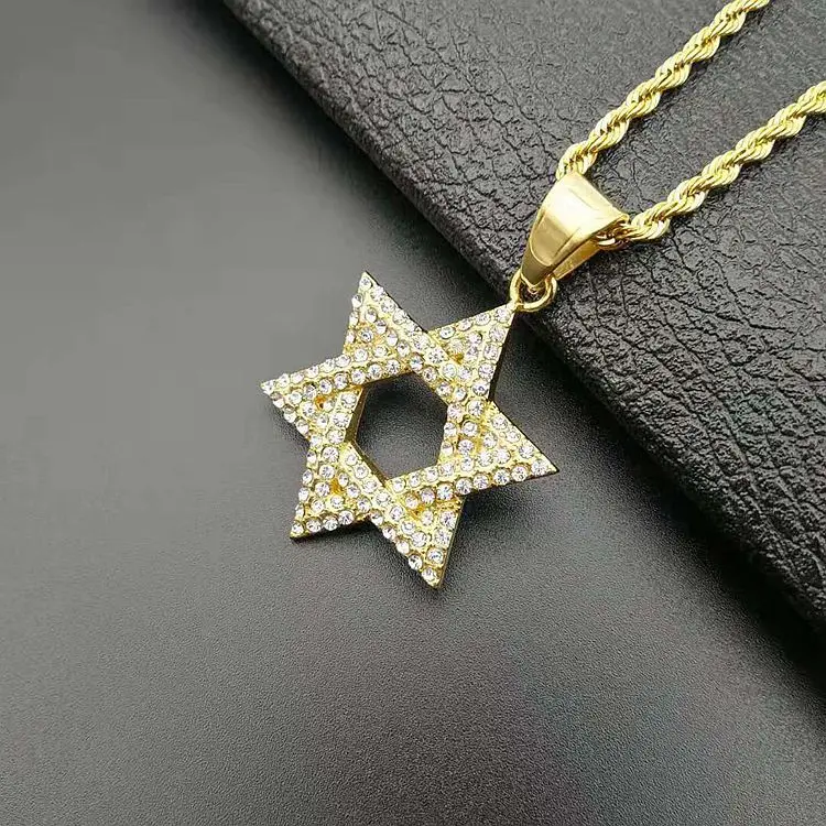 New 1pcs Hip Hop Rhinestone Gold Color Stainless Steel Necklaces Jewish Star Of David Hexagram Pendant Necklace For Men Rapper