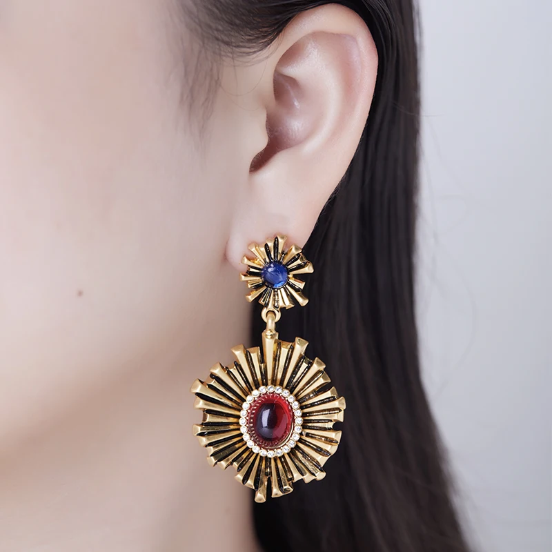 LEWIS SEGAL Antique Sun Design Dangle Earrings for Women Girls Medieval Vintage Style Luxury Fine Jewelry 18K Gold Gemstone