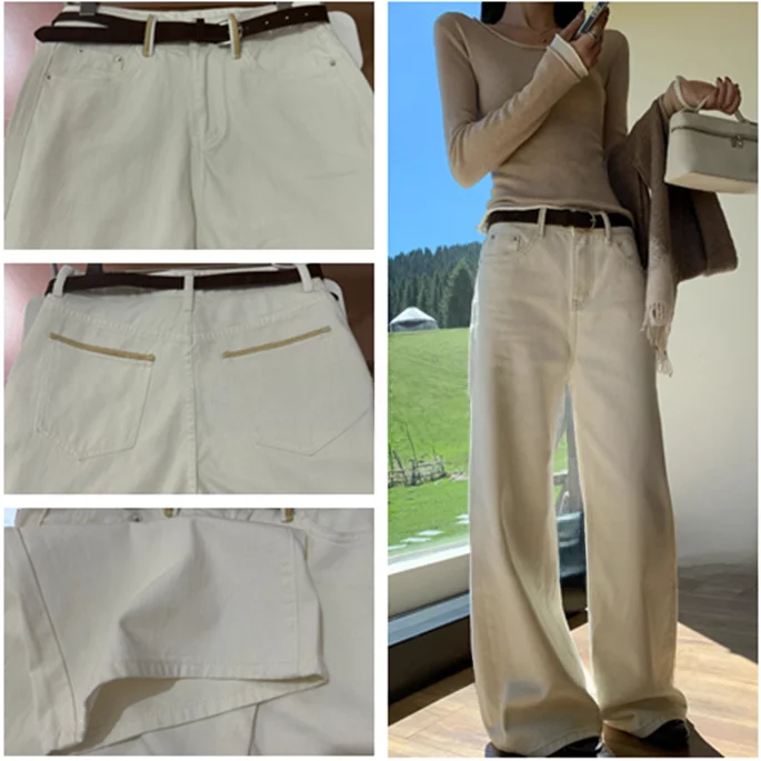 

Korean Sle Women's Jeans Wide Leg Floor Length Casual Straight Cut Trousers with Belt Autumn Slimming Versatile Denim Jeans