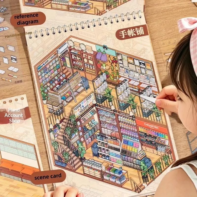 

1 Book 3D Miniature Scene Sticker Book Stacking Coil Bound For Journal Scrapbooking Stress Relief Sticker DIY Decoration