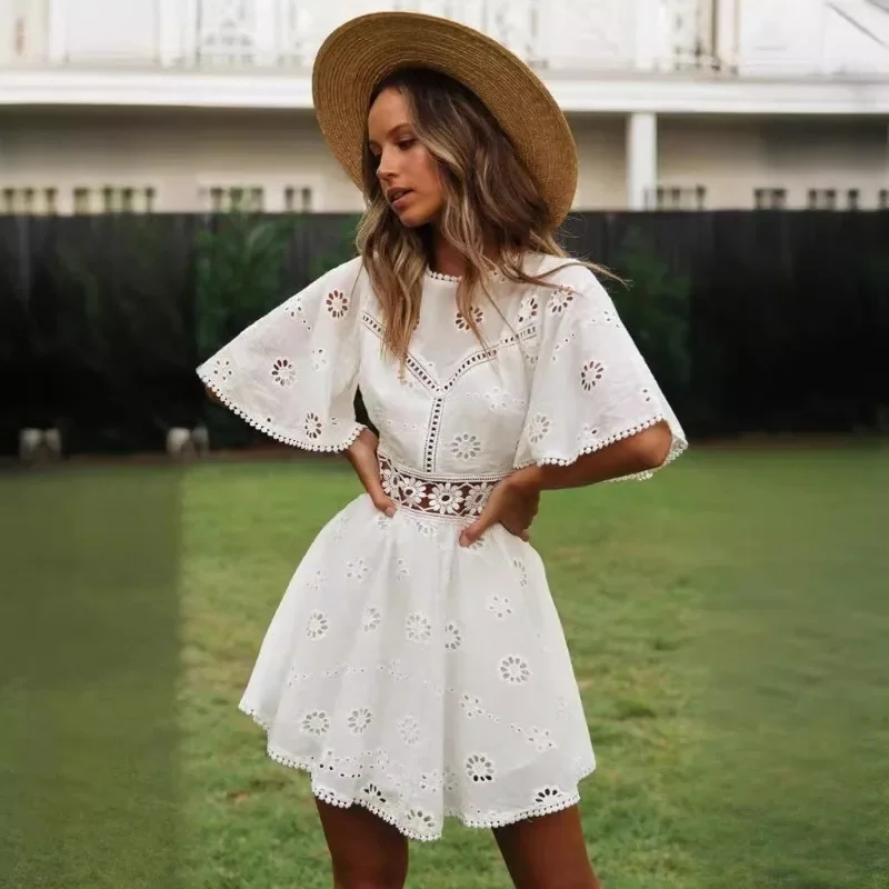 Women Casual High Fashion Backless Short Dresses High Waist Autumn Dress Aproms Elegant White Floral Embroidery Cotton Dress