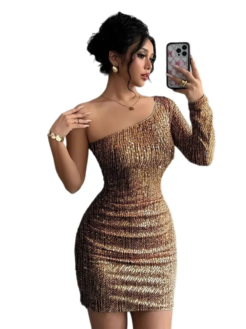 Sexy oulder fente longue Sve moulante Dr or paillettes ort jupe femmes Faion printemps automne Dr brillant Polyester Fiber