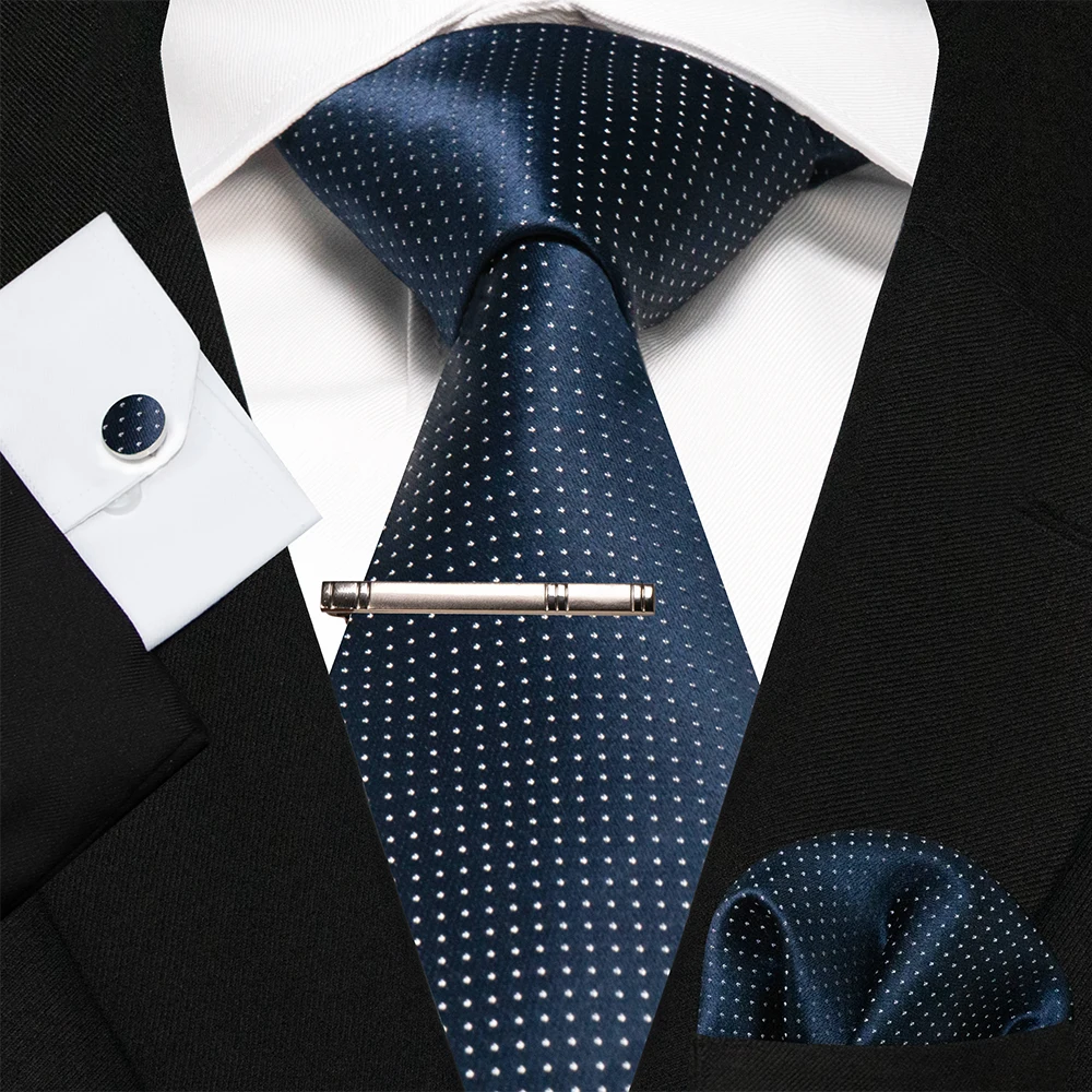 KAMBERFT Marineblau Gestreifte Seidenkrawatte für Herren, Modisches Design, Geschenkset mit Taschentuch und Manschettenknöpfen, Business-Party-Gravata – Detail 32