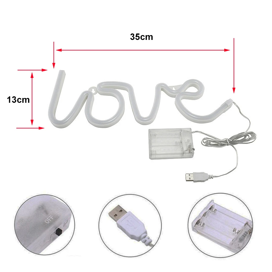 LED Neon Lights Love Shape Night Light Sign Lamp Battery USB Double Powered Nightlight for Indoor Christmas Wedding Birthday