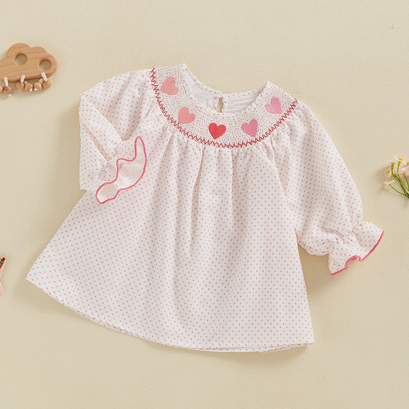 Toddler Girls Dress Heart Embroidered Dot Print Long Sleeve Casual Dress Fall Princess Valentine s Day Dress