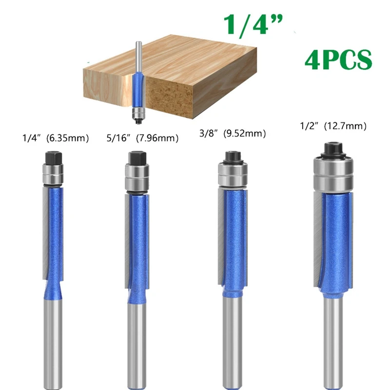 4 Pcs Double Bearing Flush Mill 6.35Mm Shank Milling Cutter Flush Trim With Bearing Router Bit Set For Woodworking