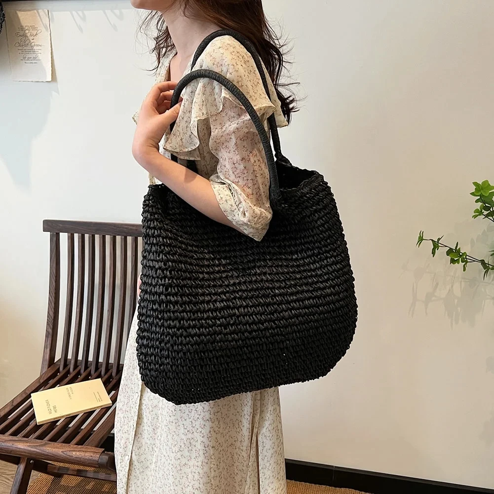 المرأة خمر حقيبة كتف سعة كبيرة الكروشيه حقيبة يد الشاطئ غلق بمشبك إغلاق بسيط النسيج حقيبة يد السيدات عطلة حقيبة #2