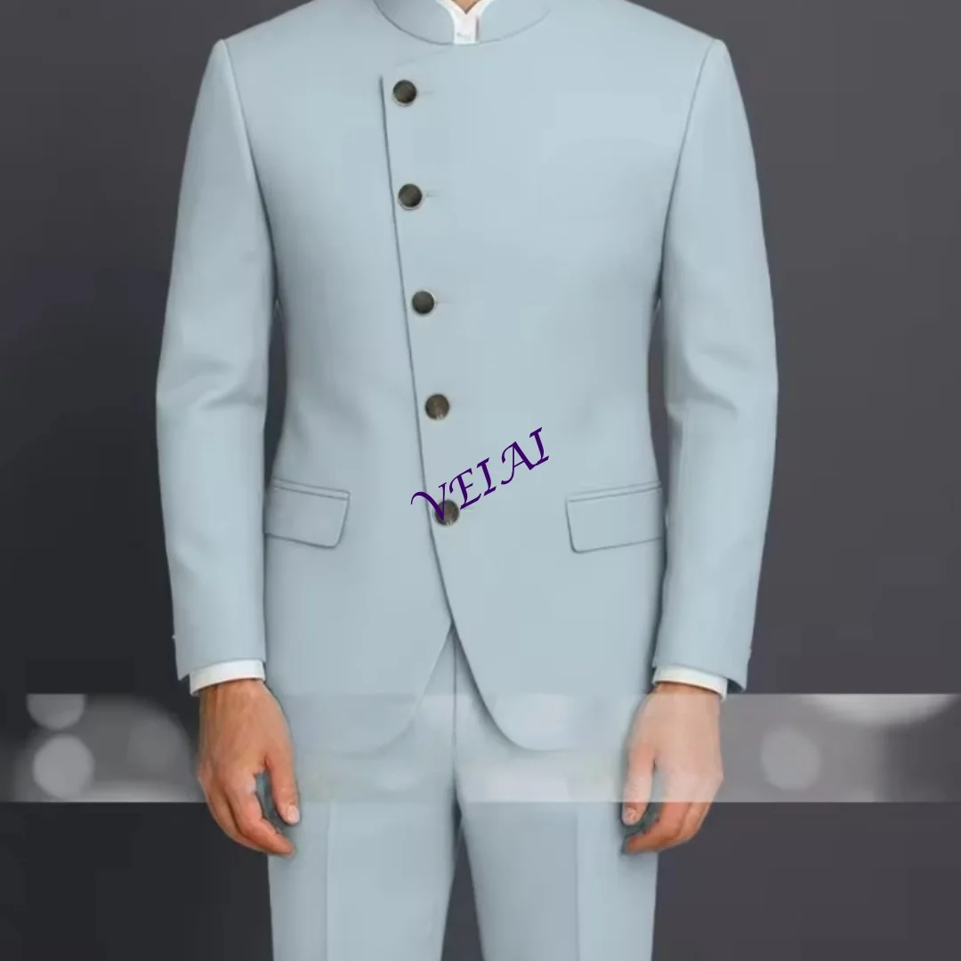 

Gothic Lake Blue Men's Suit 2-piece Placket Jacket Pants Slight Stretch Set for Wedding Cocktail Formal Events Custom Customized