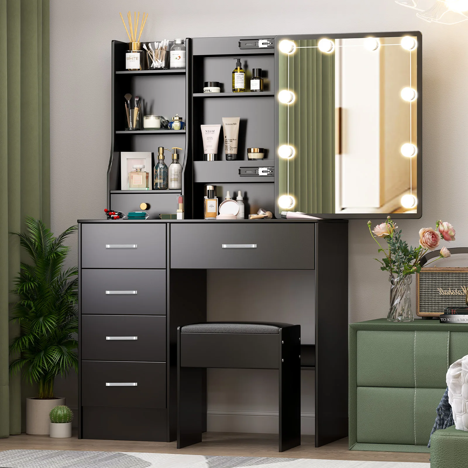 Black Makeup Vanity Set with LED Bulb Mirror, Multiple Drawers, Storage Shelves & Cushioned Stool, Modern Bedroom Dressing Table