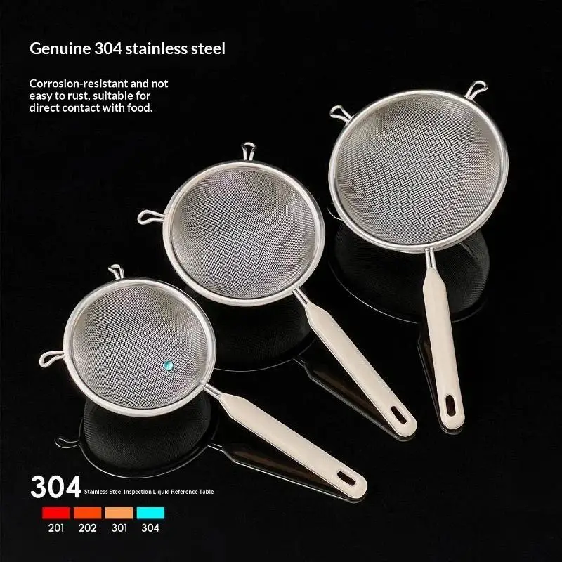 Durable 304 Stainless Steel Residue Filter With Plastic Handle Fine Mesh Strainer Flour Sieve Oil Skimmer Spoon Kitchen Utensil