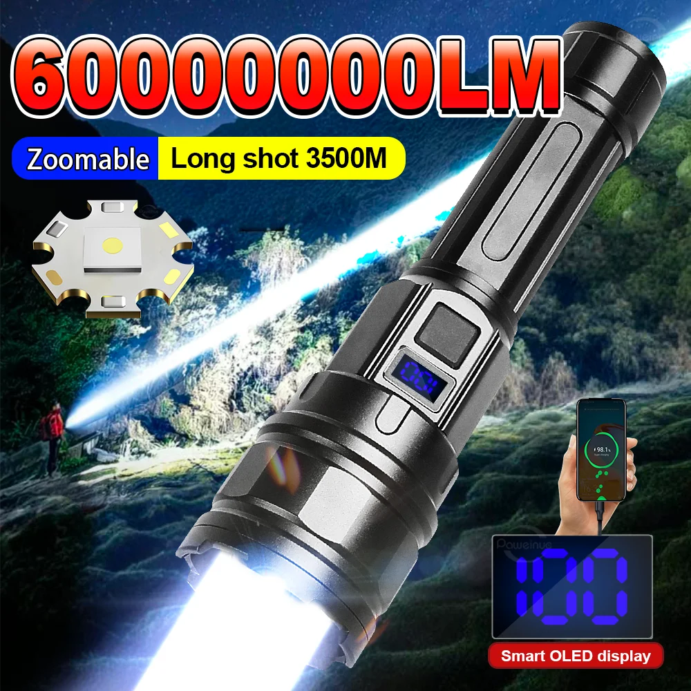 2025 Most Powerful Led Flashlight Super Bright Rechargeable Torch 6000000LM Long Range Tactical Flashlight Zoom Camping Lantern