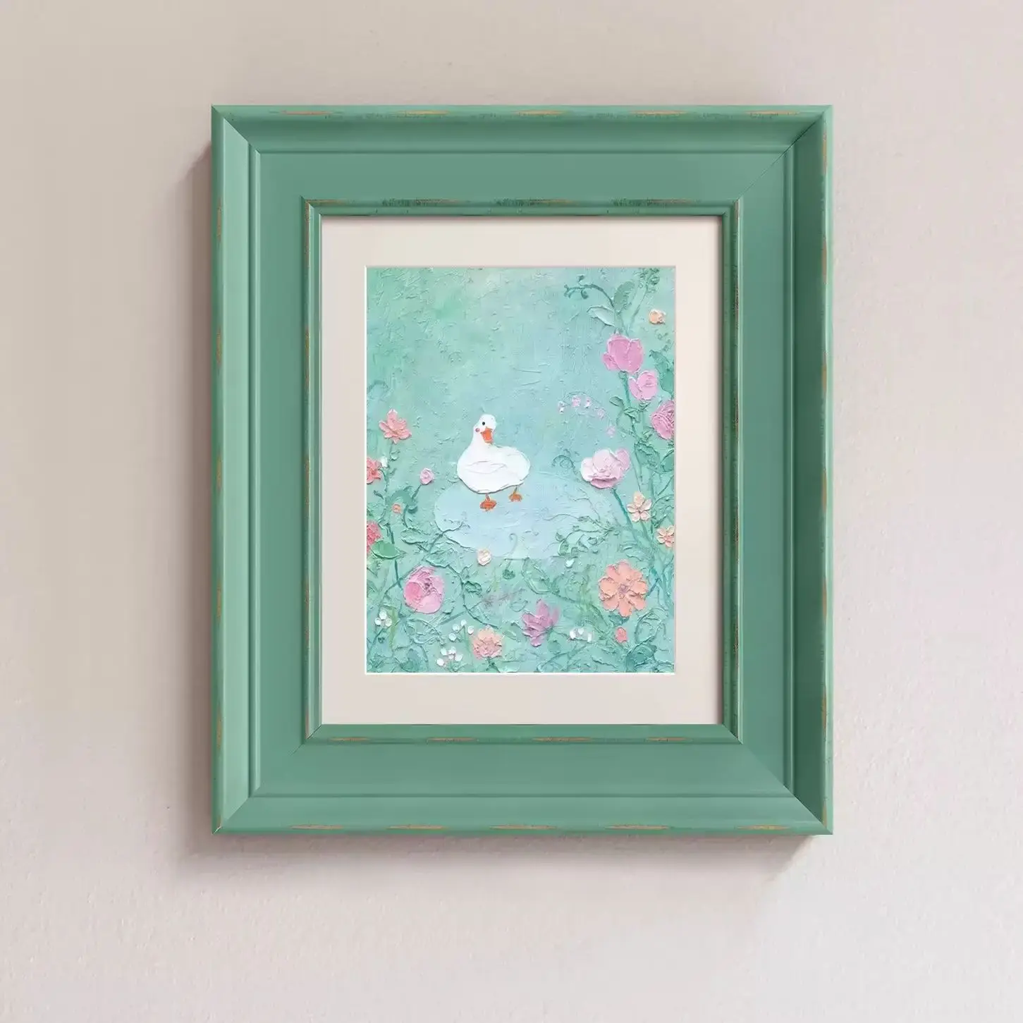 Vintage Mint Green Distressed Picture Frame, Shabby Chic Solid Wood Moulding with Gold Accents for Canvas & Art Display