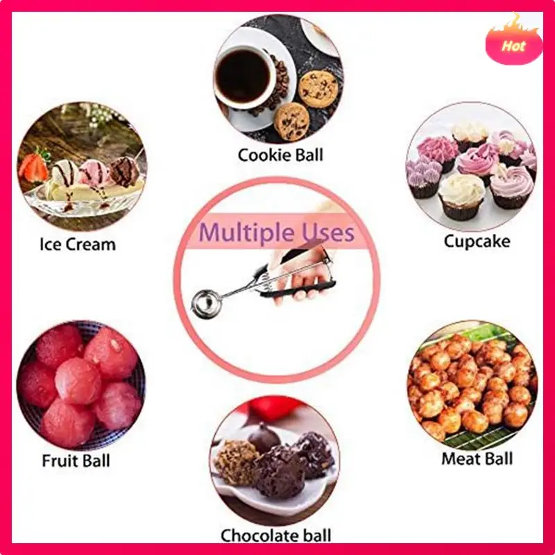 New Cookie Scoop, Cookie Dough Scoop, Spring-Loaded Ice Cream Scoop, Stainless Steel Scoop, Comfortable Grip 20 X 3Cm Black