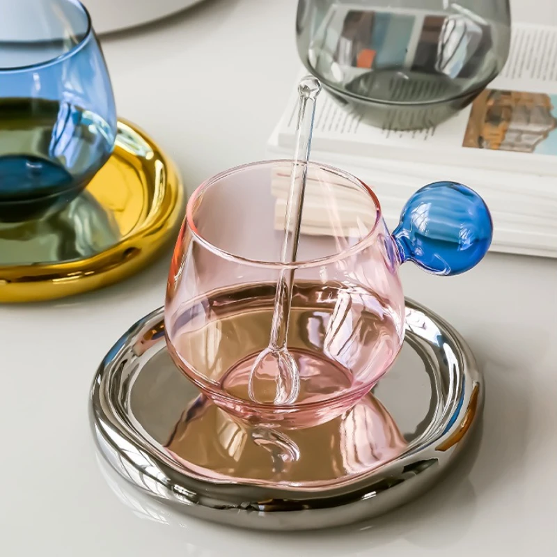 

300ml Colored Glass Coffee Cup Heat-resistant Glass Ball Handle Tea Water Cup Household High-end Afternoon Tea Set Tea Cups