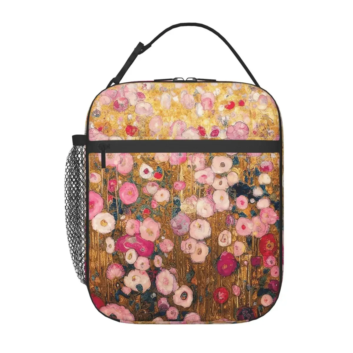 Gustav Klimt Pink Flower Garden Insulated Lunch Bag for Women Kids Portable Food Boxes Thermal Lunch Box Tote