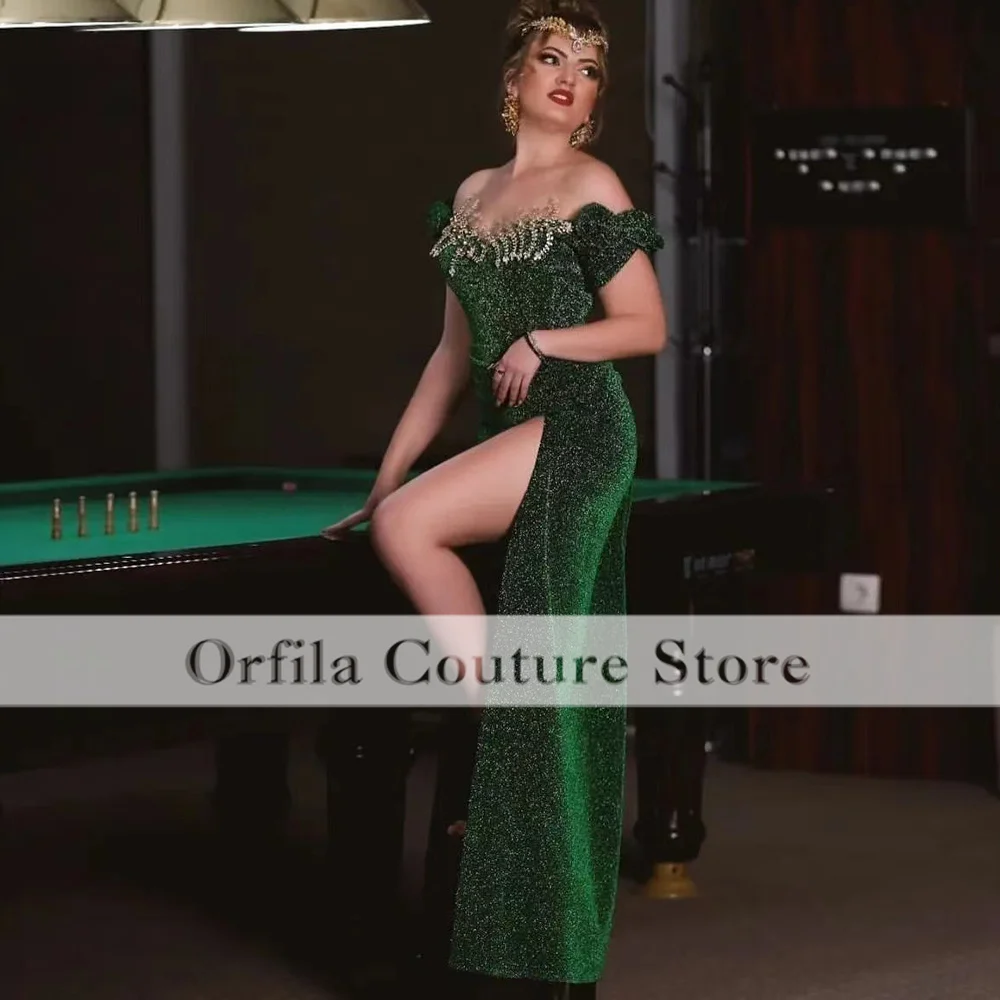 Robe de soirée de forme sirène, vert foncé, épaules dénudées, paillettes, tenue de fête élégante, 2022