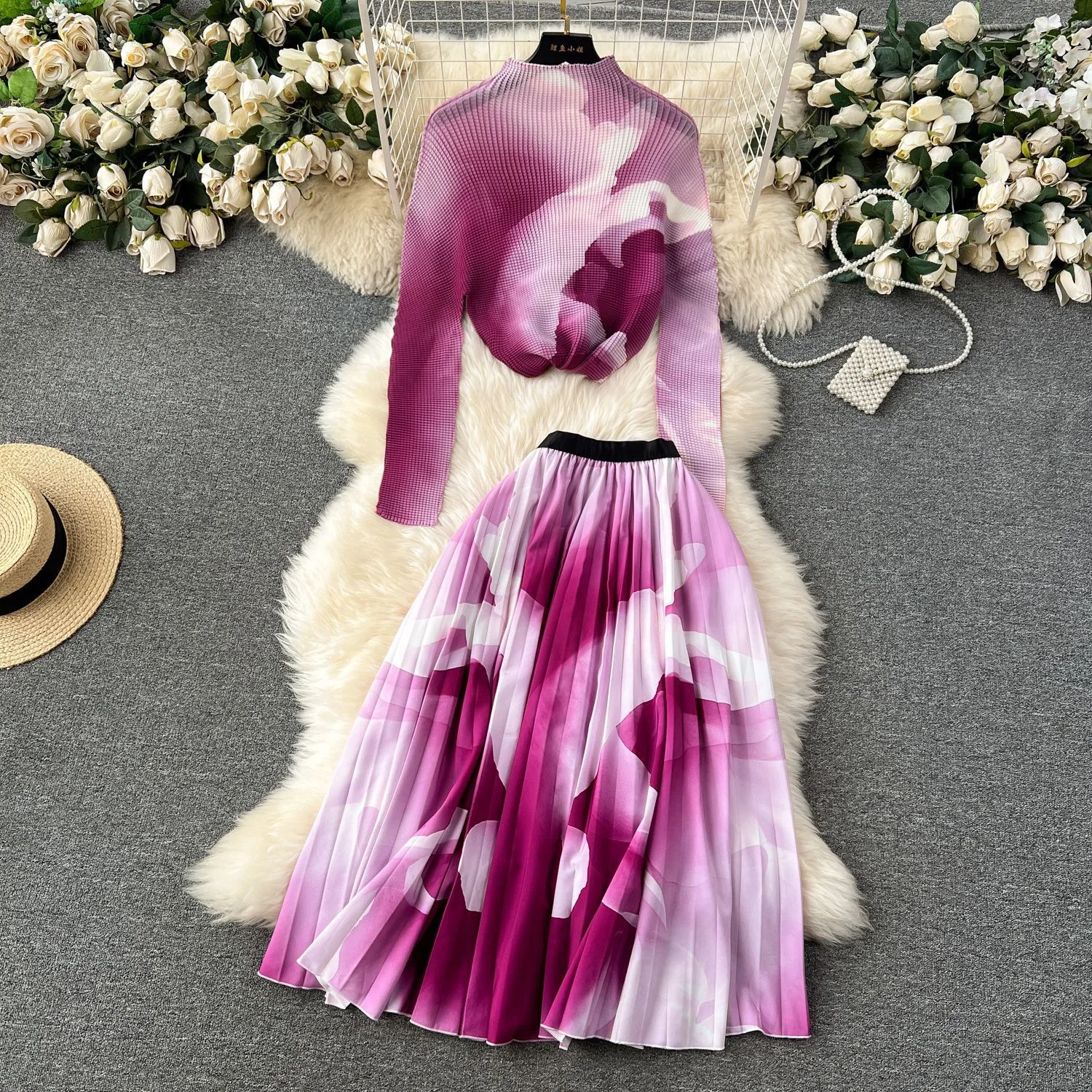 

LISM woman outfit New in matching sets Two piece set of women's long sleeved pleated top+high waisted pleated skirt Suits