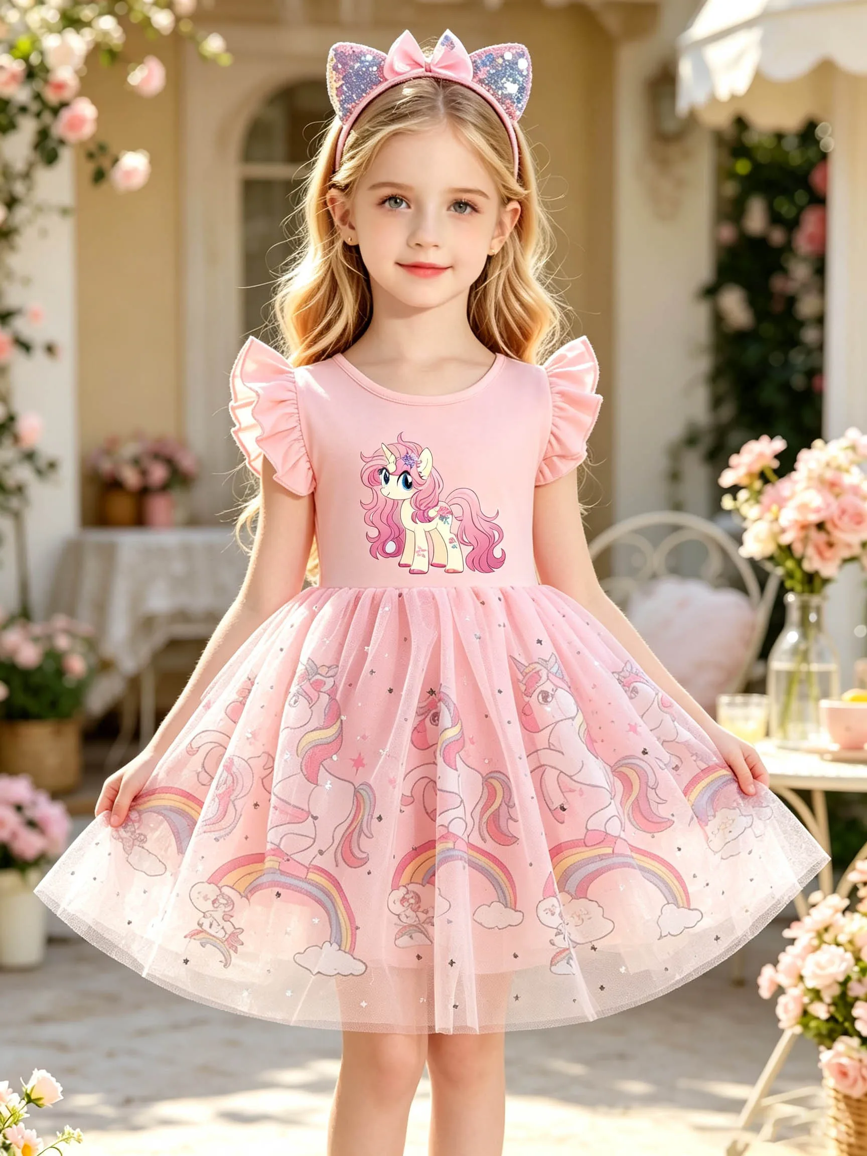 Rainbow Cloud Pegasus Fairy Dress for Kids, Girls' Summer Princess Dress with Ruffled Flutter Sleeves and Tulle