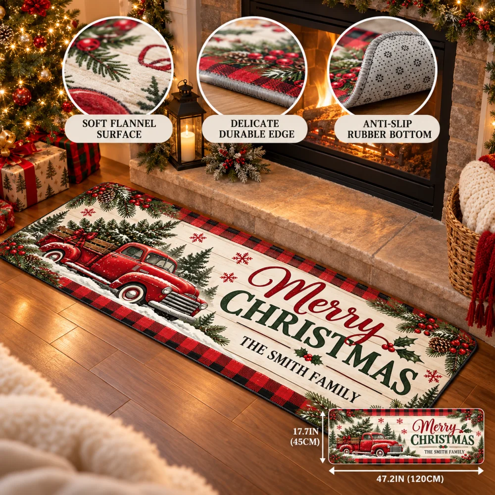 Christmas Personalised Welcome Floor Mat Custom Name Flannel Non Slip Rug Vintage Red Truck Design Entryway Indoor Xmas Decor
