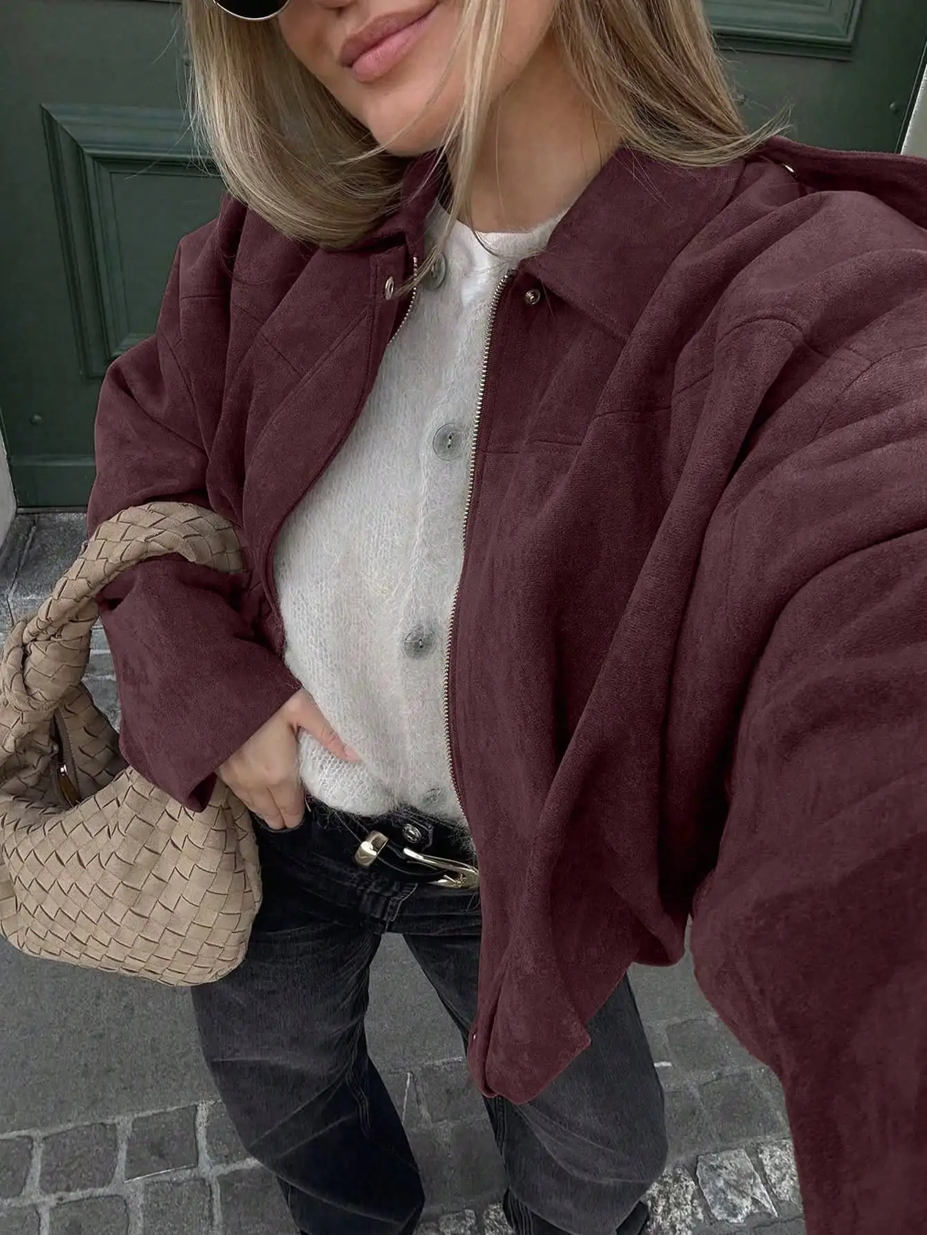 

Burgundy Suede Bomber Jacket for Women, Front Zipper, Relaxed Fit, Spring Autumn Casual Wear