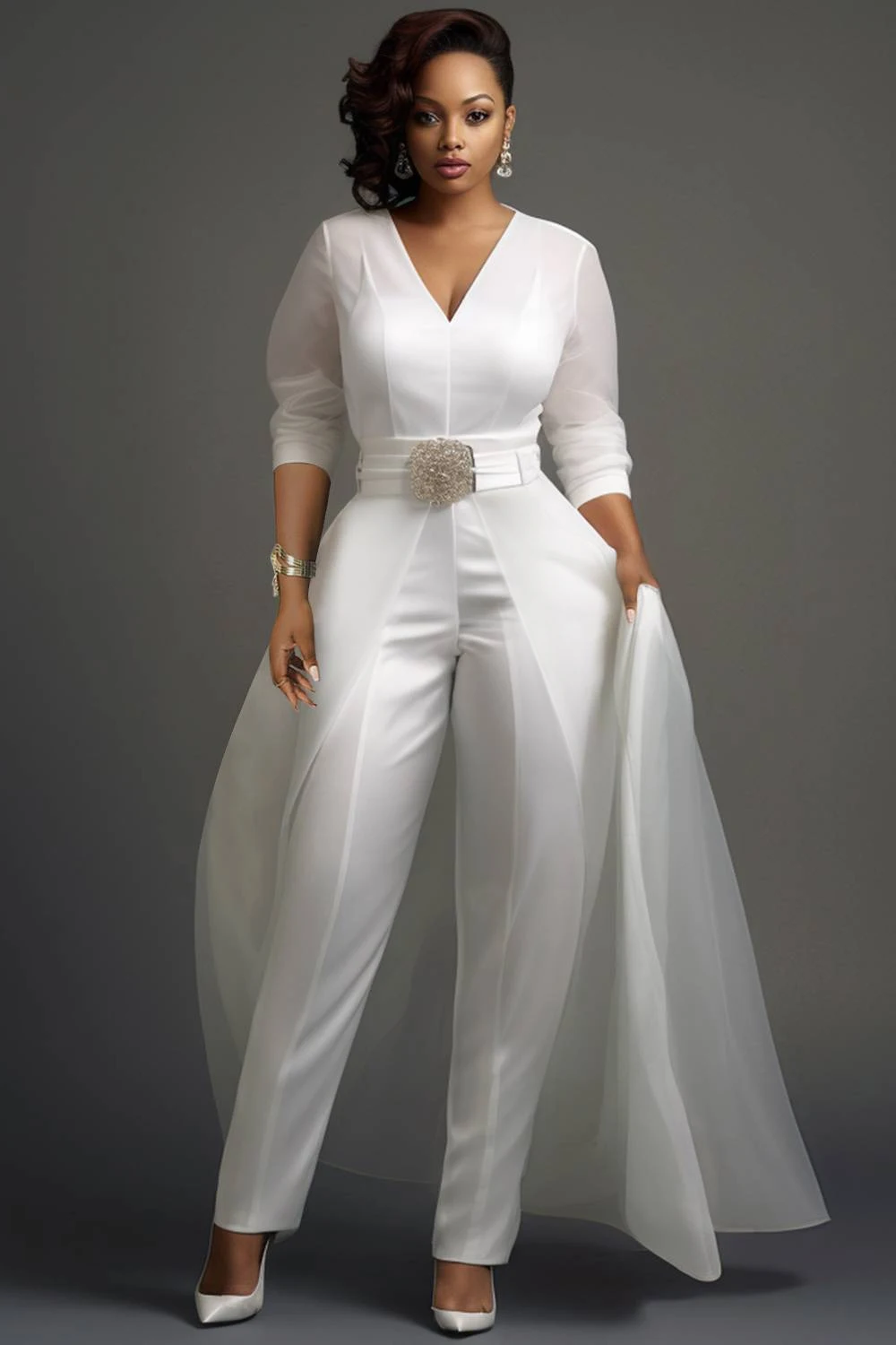 Plus Size Wedding Organza White Elegant V Neck 3/4 Sleeve Detachable Overskirt Pocket Satin Jumpsuits