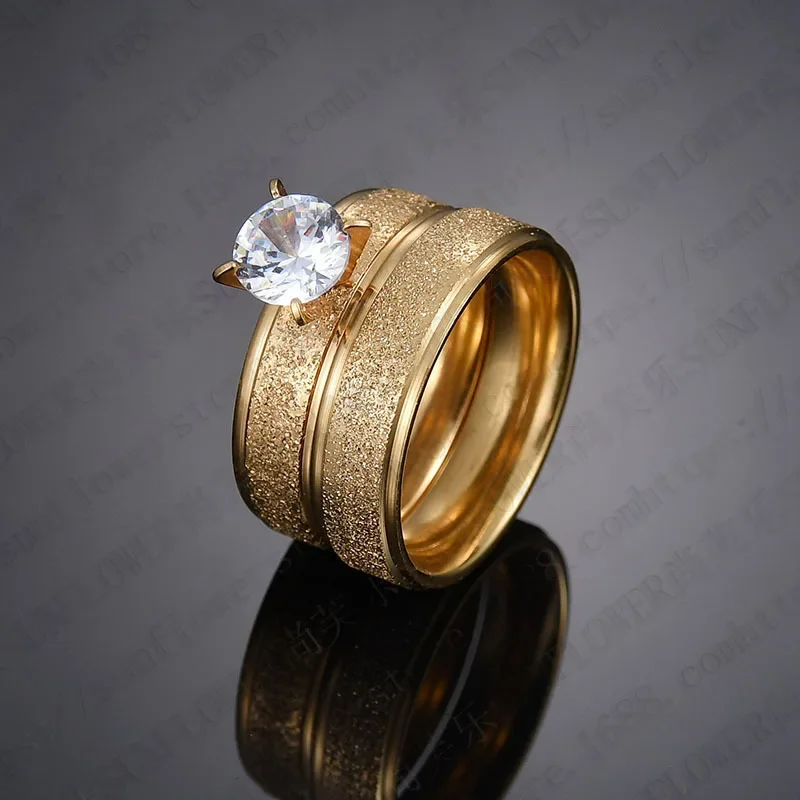 Letdiffery 8mm Bling Crystal Wedding Rings for Couple Golden Stainless Steel Women Ring Sets Men Lovers Jewelry Engagement Gift