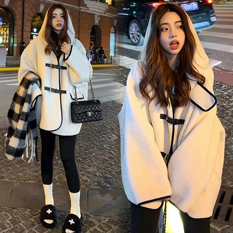 Winter Pregnant Women Clothing Korean Style Plus Size Pu Leather Button Fly Hooded Outerwear Maternity Lamb Wool Jacket Coats