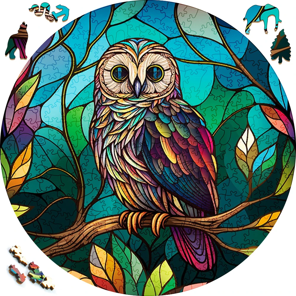 Mysterious Wooden Puzzle painted Colorful Owl Funny Toy Animal Wood Puzzles Smart Game Round Shaped Jigsaw Puzzle Best Gift