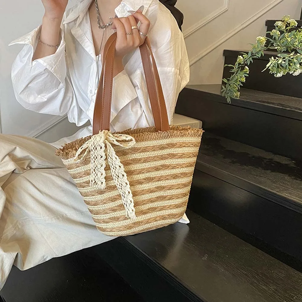 トレンディな甘い織トートバッグ通気性シルクリボンストライプわらハンドバッグカーキベージュ夏のビーチバッグ春