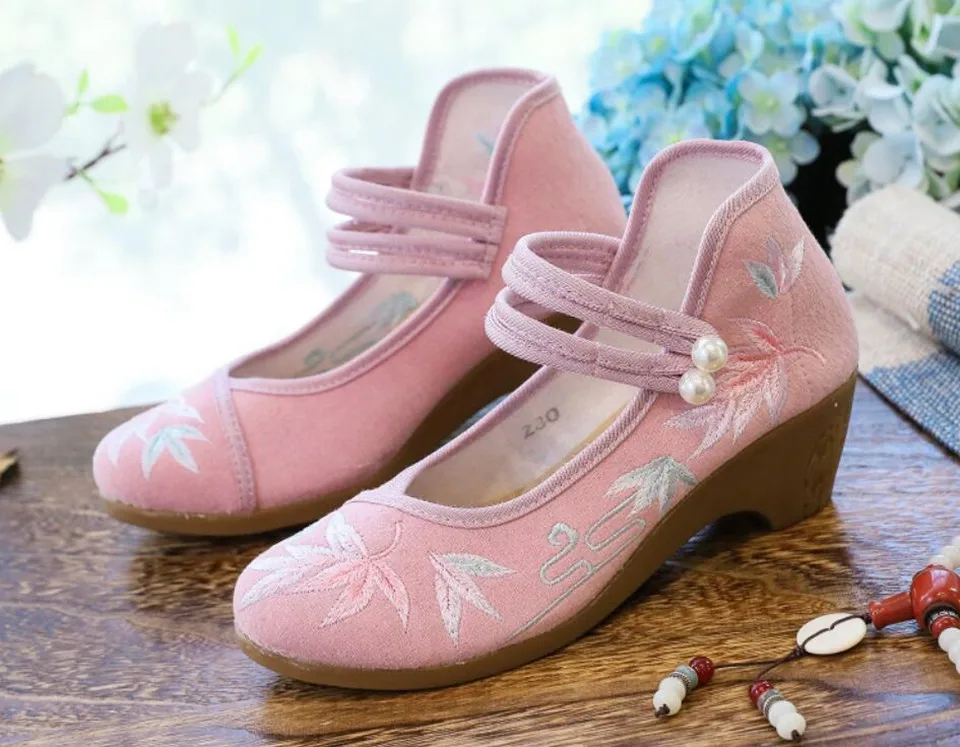 Women Ankle Button Strap Pumps Ethnic Embroidery Mary Jane Dress Shoes Mid Heel Cotton Fabric Espadrilles Vintage Sandals