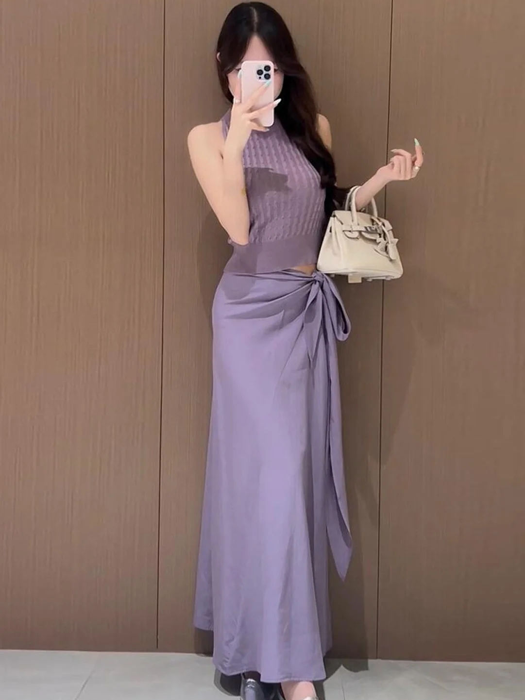 

Модный антивозрастной комплект: фиолетовый вязаный жилет без рукавов с поясом и юбка с высокой талией, летний наряд для женщин