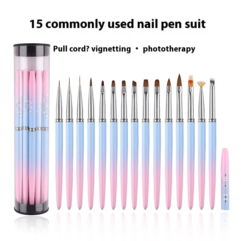 

Nail art pen set full set of 15 pull line smudge carving crystal light therapy pen nail art tool brush