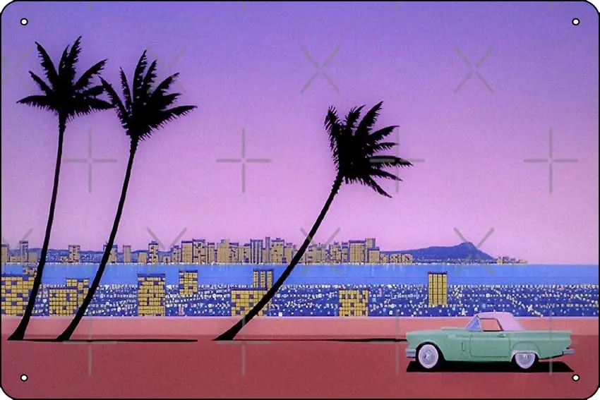 Hiroshi Nagai, palm trees Art Print Metal Tin Sign 12 X 8 Inch Funny Man Cave Home Office Bar Decor