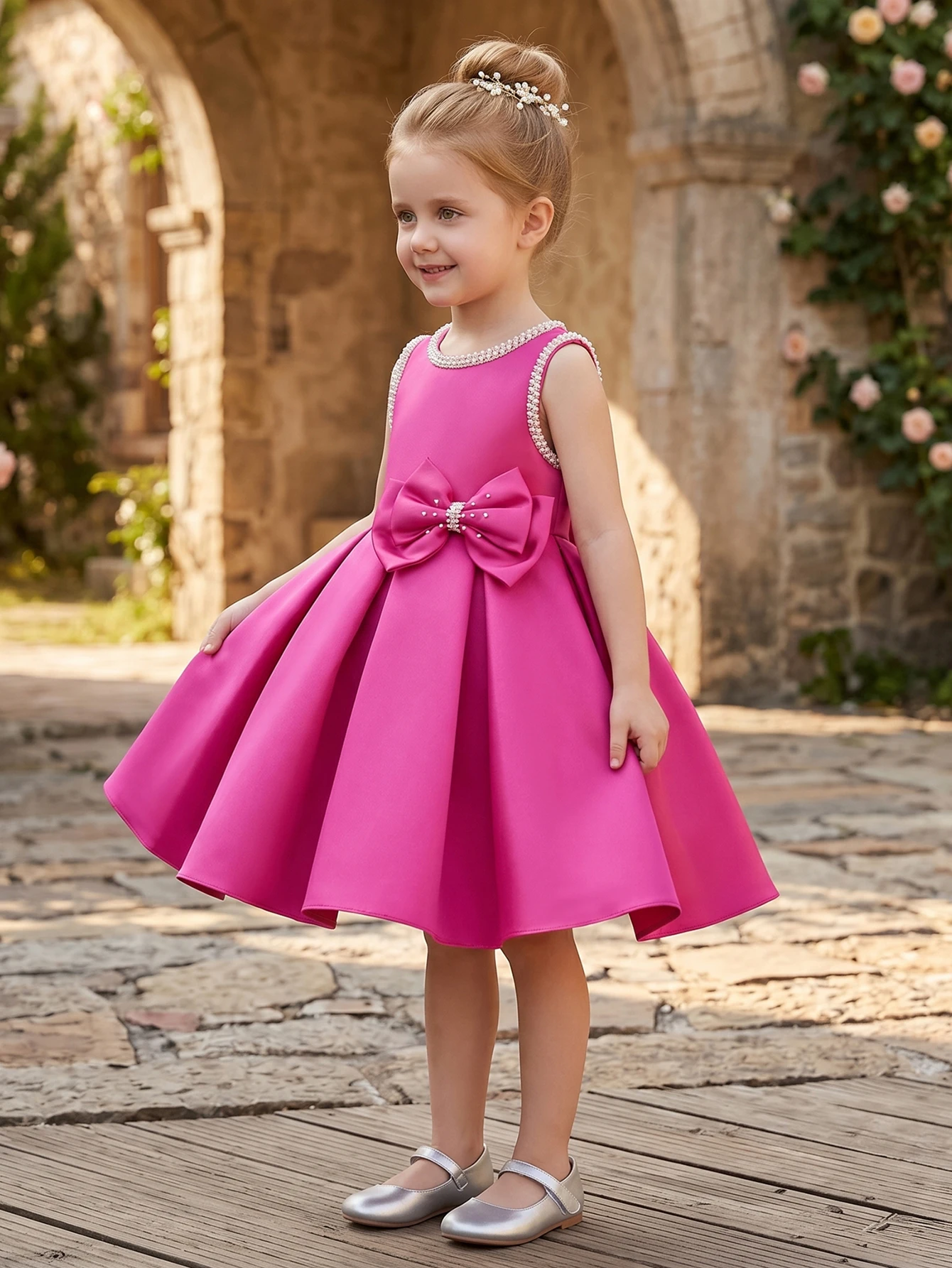 Young Girls Partywear Sleeveless Fuchsia Princess Dress, Suitable for Wedding Flower Girl Birthday Party Evening Wear