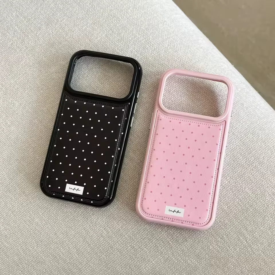 Minimalist Ins White & Pink & Blue Polka Dot Bulge Leather Phone Case For iPhone 17 AIR 16 15 14 13 12 11 Pro MAX Plus Y2K Cover — product photo 1 of 1