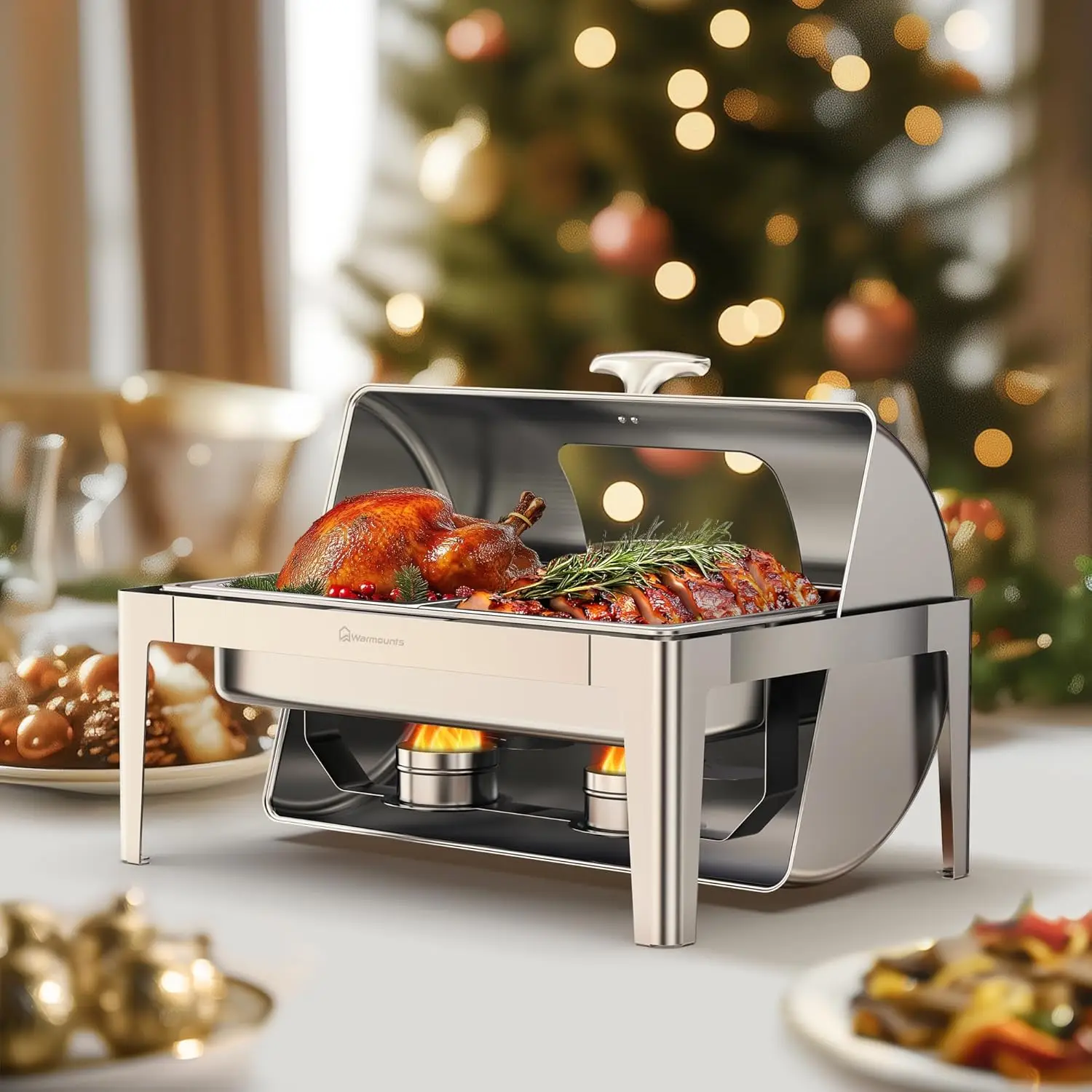 

180° Roll Top Chafing Dishes for Buffet with Glass Top, 9QT Rectangular Chafers and Buffet Warmers Set with Mirror-Polished Stai