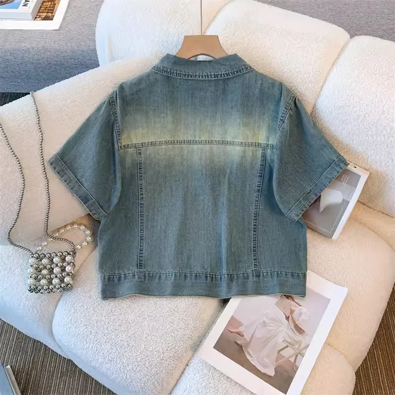 2024 Summer Women Blue Thin Slim Short Denim Jacket Korean Turndown Collar Short Sleeve Single-breasted Jeans Jacket Coat Female