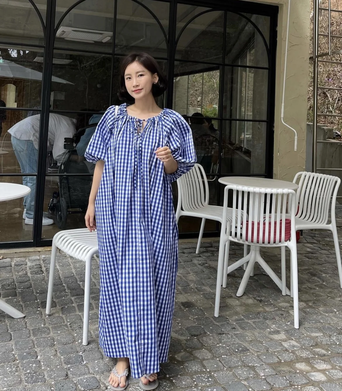 

Korean Women Summer Cotton Plaid Loose Casual Puff Sleeve O Neck Holiday Ankle Length Holiday Dress Fashion Chic Vintage