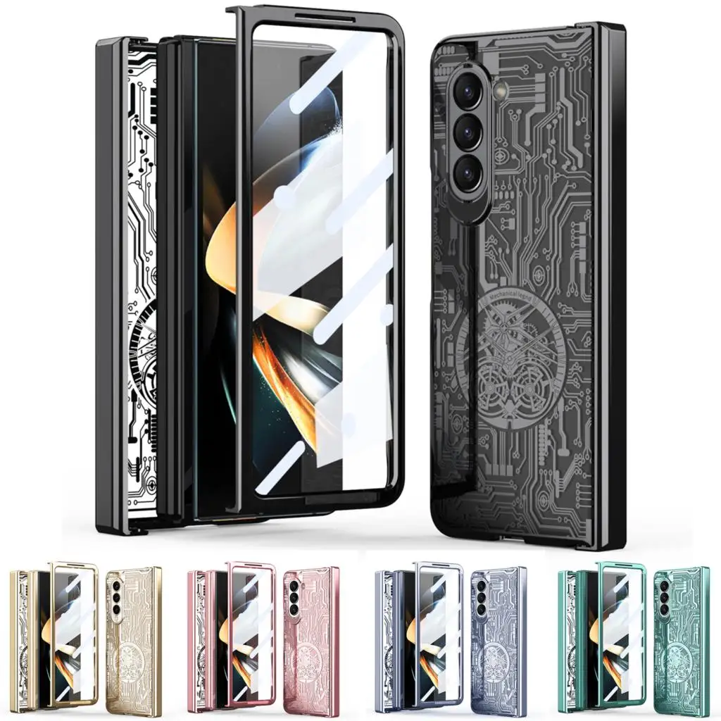 

Electroplating Phone Case For Samsung Galaxy Z Fold 5 4 3 2 Shockproof Cover Built-In screen protector funda Mechanical Pattern