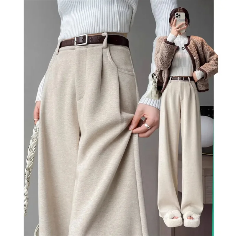 الكورية الإناث مستقيم الساق Pantalons 2025 المرأة موضة عالية الخصر بنطلون الخريف الشتاء السيدات الراقية الصوفية دعوى بانت