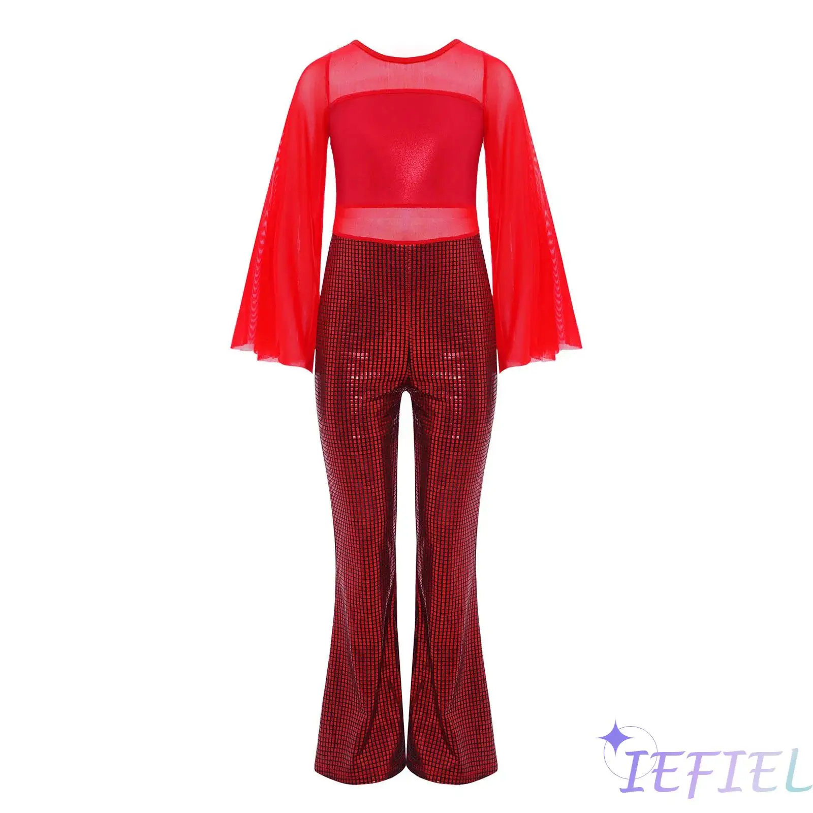 

Kids Girls Jazz Dance Jumpsuit Long Flared Sleeves Sheer Mesh Patchwork Metallic Plaid Bell-Bottom Unitard Gymnastics Dancewear