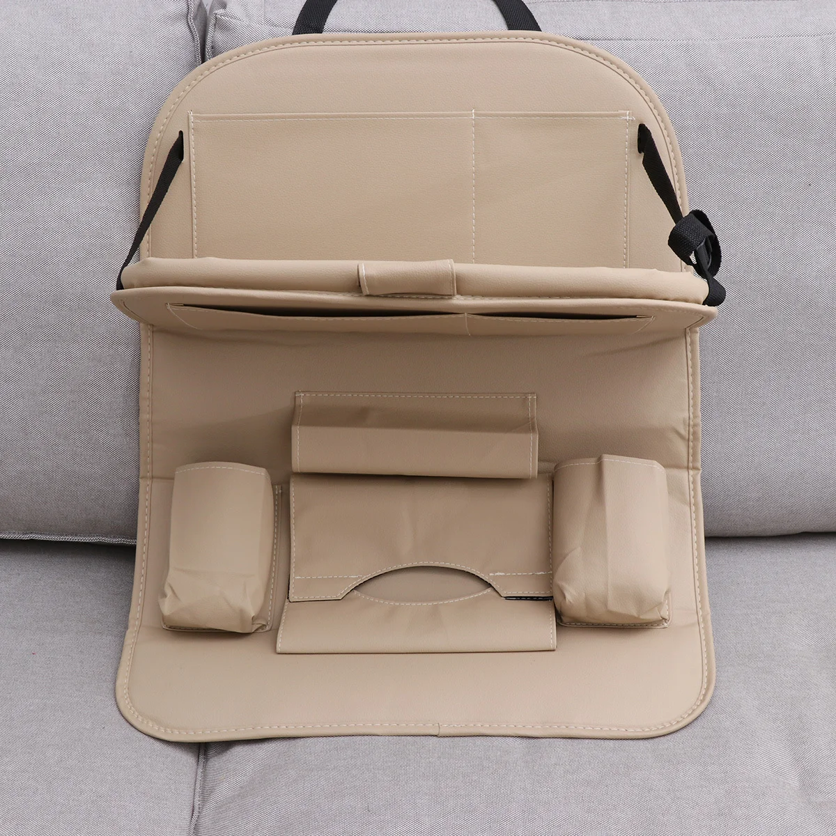 حقيبة تنظيم المقعد الخلفي للسيارة باللون البيج، حامل تخزين متعدد الوظائف، تصميم صينية قابلة للطي، سهل الاستخدام للرحلات #2